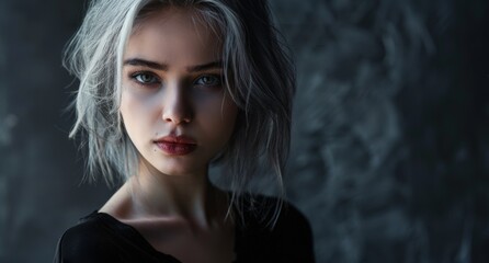 Intense gaze of a young woman with striking blue eyes