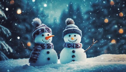 two little snowmen in caps on snow in the winter background with a funny snowman christmas card