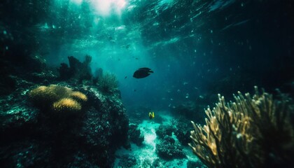 Naklejka na ściany i meble underwater diving tropical scene with sea life in the reef