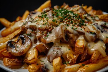 Delicious cheesy fries topped with mushrooms and herbs