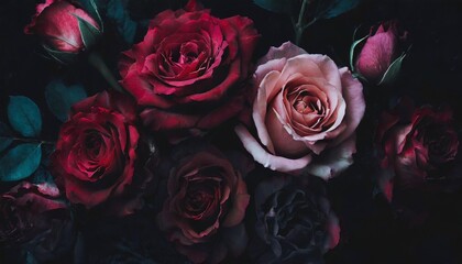 red and pink roses close up dark romantic background 