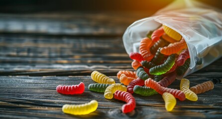 Colorful gummy worms spilled from a plastic bag on a wooden surface