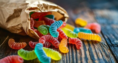 Colorful gummy candies spilling from a paper bag on a wooden table