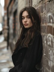 Young woman leaning against a graffiti-covered brick wall