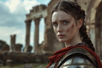 Determined warrior woman in ancient Roman armor standing before historical ruins