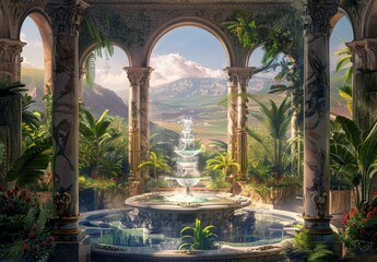Luxurious palace interior overlooking a scenic landscape - obrazy, fototapety, plakaty