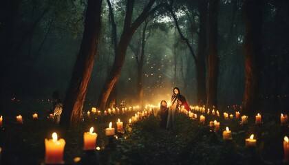 ethereal candlelit gathering of witches in misty forest celebrating spring equinox