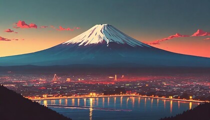 the view of mount fuji from a city anime style generative ai technology