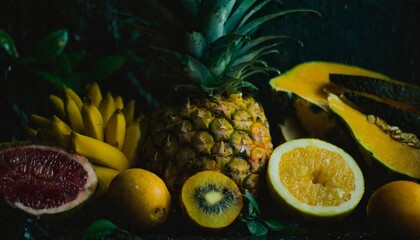 variety of fresh tropical fruit on exotic yellow