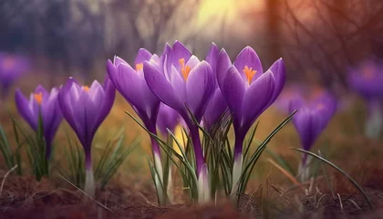 Tuinposter purple crocus flowers in early spring in the garden © Tomas