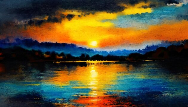 sunset emotional painting water ripples oil on canvas in an emotional watercolor style surreal texture ai image gnerative