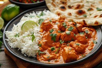 Delicious Indian Chicken Curry Served with Rice and Naan Bread