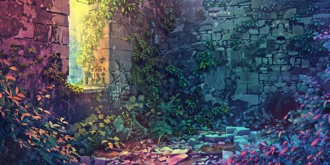 A corner of a stone wall, inside ancient ruins, with beautiful sun beams shining, wall overgrown with vines, illustration