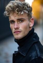 Portrait of a Young Man with Curly Blonde Hair in a Black Leather Jacket