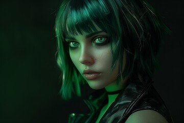 Futuristic Woman with Green Hair in Moody Lighting