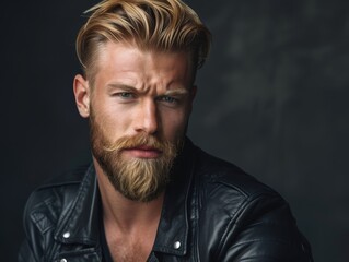 Confident man with beard and leather jacket posing in studio
