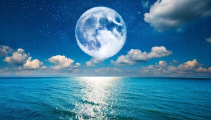 romantic moon with clouds and starry sky over sparkling blue water