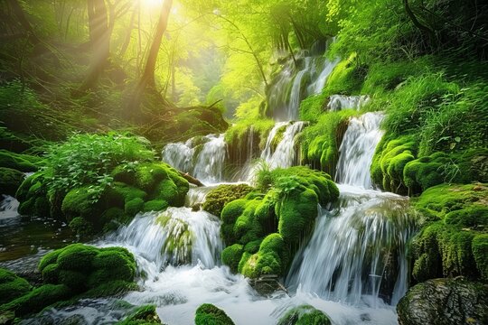 Sunlight Streaming Through Lush Green Forest onto Cascading Waterfall