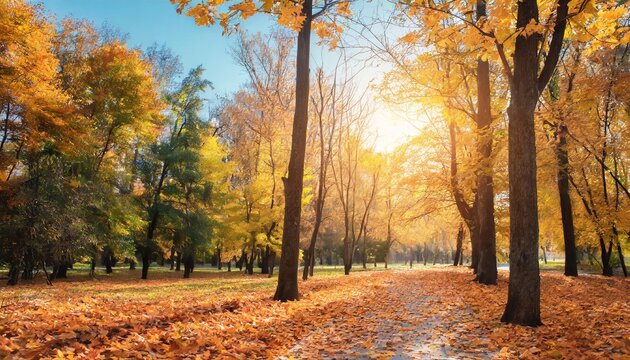 beautiful autumn landscape with yellow trees and sun colorful foliage in the park falling leaves natural background autumn season concept