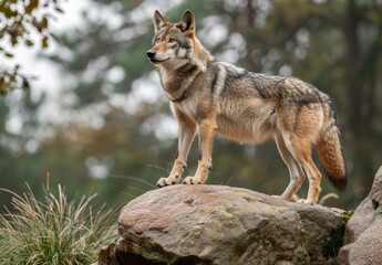 Naklejka na ściany i meble Majestic wolf standing on a rock in natural habitat