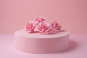 Group of elegant pink roses placed on a round pastel-colored pedestal, suitable for minimalist decor and events.
