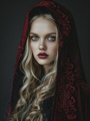 Mysterious woman in a red embroidered hood