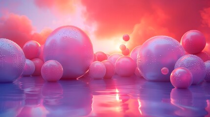 Ethereal Sunset Glow Over Tranquil Waters with Mysterious Floating Spheres Sparkling, Inviting Exploration and Wonder