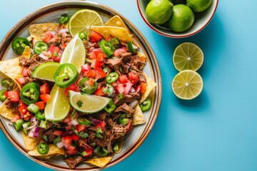 Colorful nachos platter with fresh toppings and lime wedges