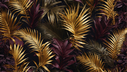 Fototapeta premium Exotic foliage in gold and plum, creative jungle forest pattern.