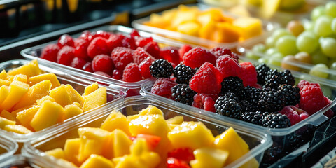 Pre packed fruits in containers, showcasing variety and healthful eating.