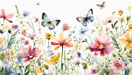 wildflowers plants flying butterflies dragonfly floral seamless pattern watercolor horizontal border isolated hand painting illustration summer meadow