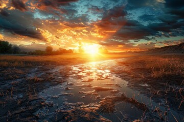 A beautiful sunset over a field with a river in the foreground. Ecology concept - Powered by Adobe