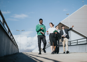 Diverse group of business professionals engaged in a strategy discussion outside, focusing on sales growth and market expansion.