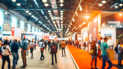 An expo hall bustling with activity and attendees, business conference, blurred background, with copy space - obrazy, fototapety, plakaty
