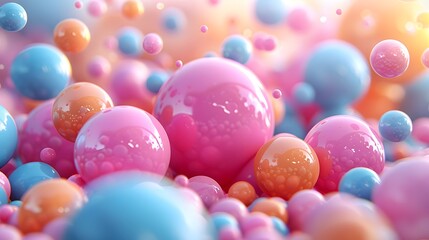 Vibrant 3D Rendered Bubbles in Pink, Blue, Orange - Glossy Texture Floating on Dreamy Backdrop