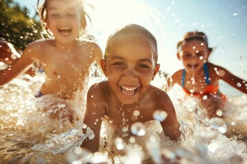 Group of happy children on summer vacation. Backdrop with selective focus and copy space - Powered by Adobe