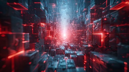 3D Rendered Futuristic Digital Data Tunnel with Central Glowing Light, Symbolizing Advanced Cybersecurity