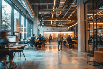 Fototapeta premium A busy office with people working at desks and chairs. Business concept