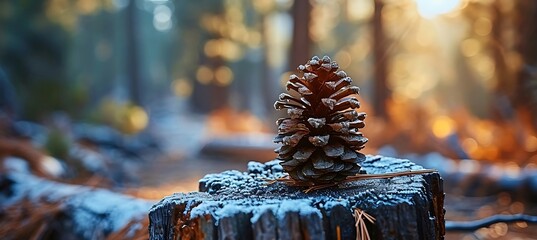Solitary Serenity: A lone pinecone delicately balanced on the edge of a weathered wooden log, embodying harmony, resilience, and the delicate balance of nature's beauty - obrazy, fototapety, plakaty