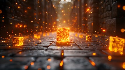 Enchanted Cobblestone Pathway with Radiant Glowing Ember Cubes in Mysterious Atmosphere