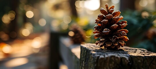 Solitary Serenity: A lone pinecone delicately balanced on the edge of a weathered wooden log, embodying harmony, resilience, and the delicate balance of nature's beauty - obrazy, fototapety, plakaty