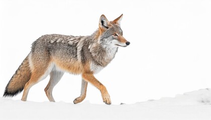 Naklejka na ściany i meble a lone coyote canis latrans isolated on white background walking and hunting in the winter snow