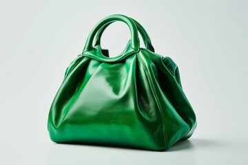 A green purse with a gold handle sits on a white background. Business fashion concept
