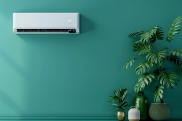 A large white air conditioner is mounted on the wall above a green plant. Summer heat concept