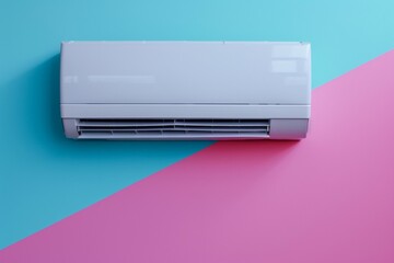 A white air conditioner is on pink and blue wall. Summer heat concept