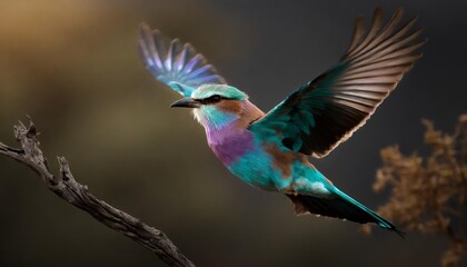 lilac breasted roller coracias caudatus flying away in kruger national park in south africa