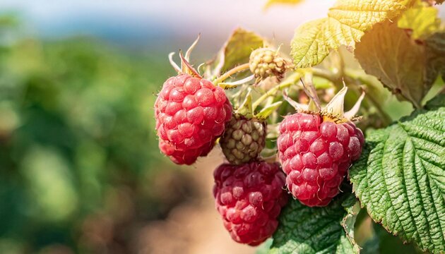 fresh raspberries growing in a field ideal for food and agriculture concepts