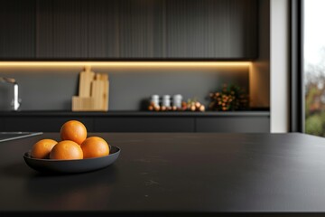 Modern kitchen with black surface and bowl of oranges providing a pop of color in a minimalist setting.