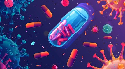 A vector poster banner template featuring probiotics in capsule form, depicted in a clean and professional design. This illustration highlights the importance of probiotics for gut health and overall 