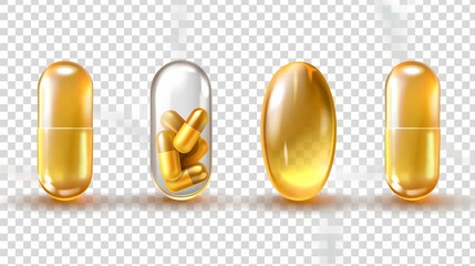 A set of medical pills and capsules depicted as realistic 3D vector icons, isolated on a transparent background. The set includes vitamins and antibiotics capsules - obrazy, fototapety, plakaty